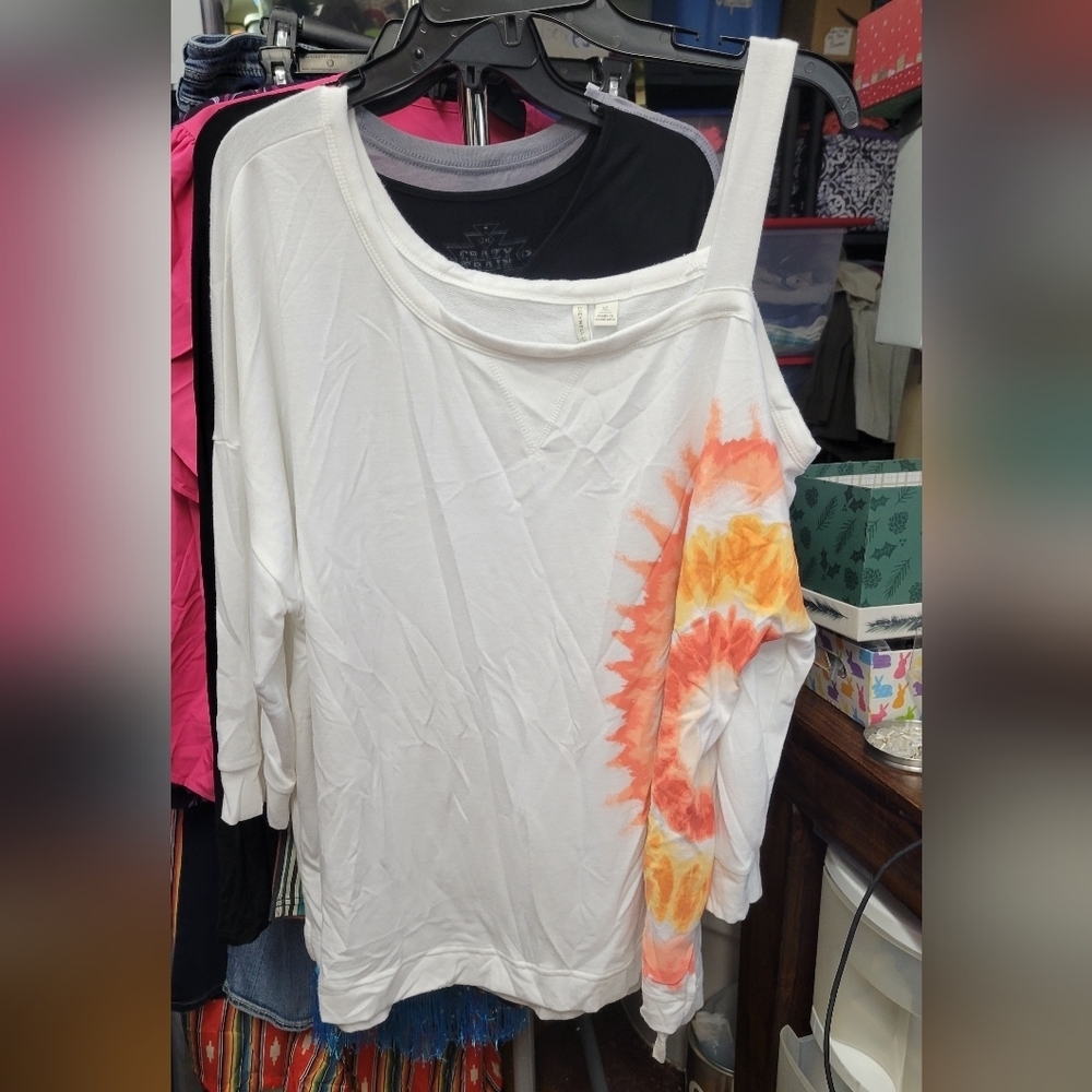 Live Well Active White Pink Orange Tie-Dye Top XL Off Shoulder 3/4 Sleeve